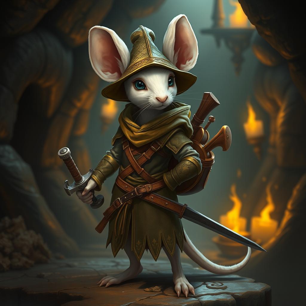 A slender anthropomorphic white mouse equipped with light leather armor and a dragon-scale hunter's hat, embodying the roles of both a bard and a demon hunter