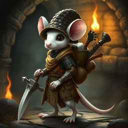 A slender anthropomorphic white mouse equipped with light leather armor and a dragon-scale hunter's hat, embodying the roles of both a bard and a demon hunter