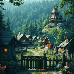 a charming cottage-style village nestled within a vibrant forest, teeming with various woodland animals