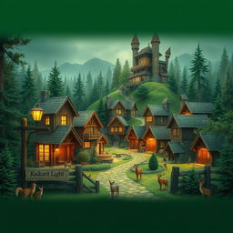 a charming cottage-style village nestled within a vibrant forest, teeming with various woodland animals