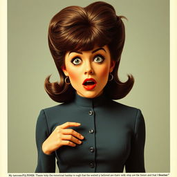 A retro advertisement featuring a woman with a large head and a small body