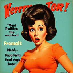 A retro advertisement featuring a woman with a large head and a small body