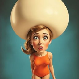 A retro advertisement featuring a woman with a large head and a small body