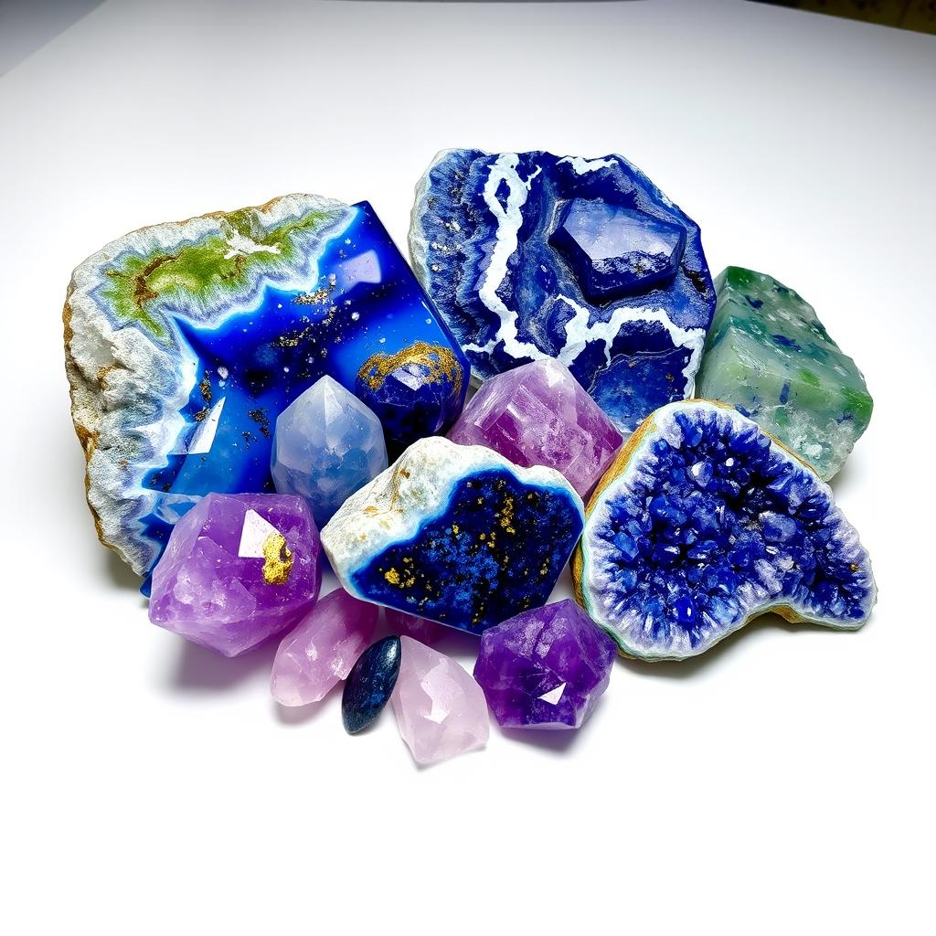 A visually striking arrangement of fluorite, sodalite, lapis lazuli, and amethyst crystals placed on a pristine white background