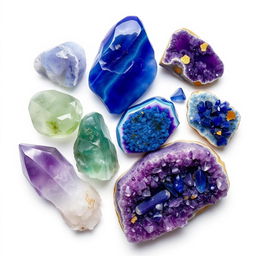 A visually striking arrangement of fluorite, sodalite, lapis lazuli, and amethyst crystals placed on a pristine white background