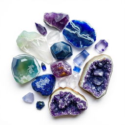 A visually striking arrangement of fluorite, sodalite, lapis lazuli, and amethyst crystals placed on a pristine white background