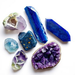 A visually striking arrangement of fluorite, sodalite, lapis lazuli, and amethyst crystals placed on a pristine white background