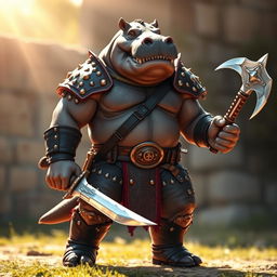 A powerful and determined Giff Blood Hunter Gladiator stands in the bright daylight, showcasing his formidable presence