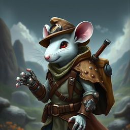 A slender anthropomorphic white mouse wearing light leather armor and a hunter's hat