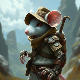 A slender anthropomorphic white mouse wearing light leather armor and a hunter's hat