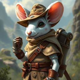 A slender anthropomorphic white mouse wearing light leather armor and a hunter's hat