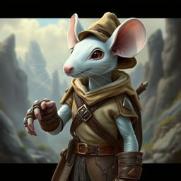 A slender anthropomorphic white mouse wearing light leather armor and a hunter's hat