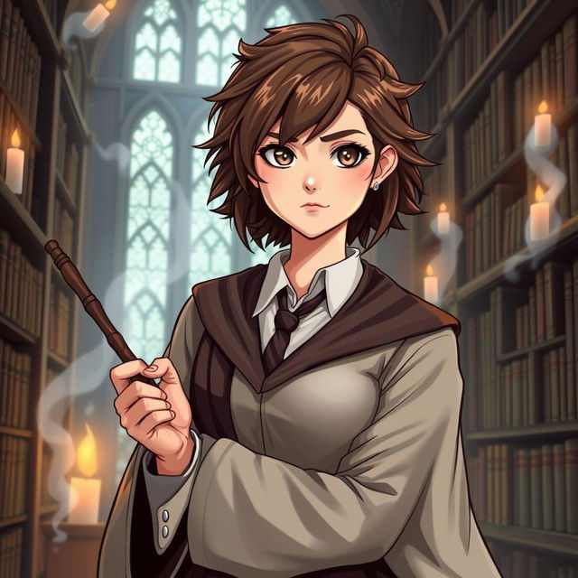 A highly intelligent and resourceful young woman with bushy brown hair and sharp eyes, wearing a school uniform with a robe and holding a wand