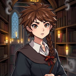 A highly intelligent and resourceful young woman with bushy brown hair and sharp eyes, wearing a school uniform with a robe and holding a wand