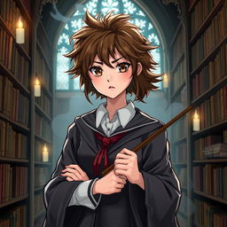 A highly intelligent and resourceful young woman with bushy brown hair and sharp eyes, wearing a school uniform with a robe and holding a wand