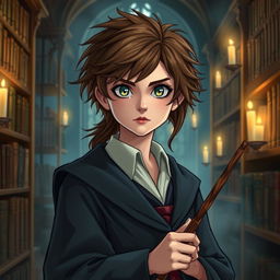 A highly intelligent and resourceful young woman with bushy brown hair and sharp eyes, wearing a school uniform with a robe and holding a wand