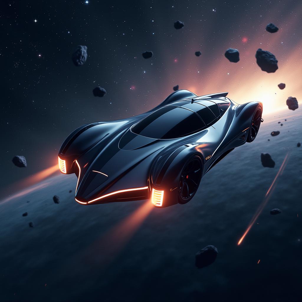 A futuristic flying car soaring through the vastness of space, silhouetted against a backdrop of distant, colorful galaxies and twinkling stars