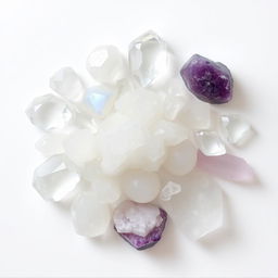 A mesmerizing arrangement of clear quartz, moonstone, selenite, and amethyst crystals placed on a pristine white background