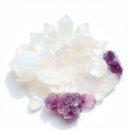 A mesmerizing arrangement of clear quartz, moonstone, selenite, and amethyst crystals placed on a pristine white background