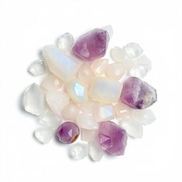 A mesmerizing arrangement of clear quartz, moonstone, selenite, and amethyst crystals placed on a pristine white background