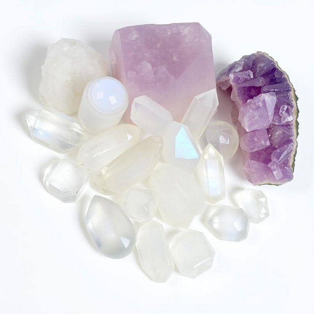 A mesmerizing arrangement of clear quartz, moonstone, selenite, and amethyst crystals placed on a pristine white background