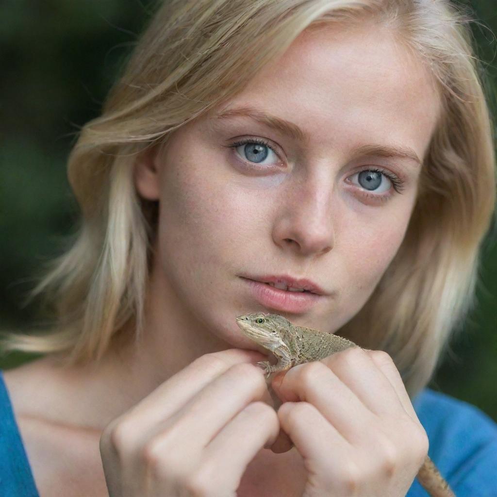 A 26-year-old woman with blonde hair and blue eyes, lovingly holding a pet lizard.