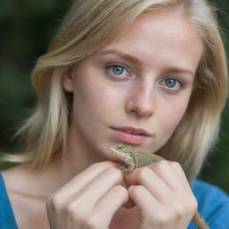 A 26-year-old woman with blonde hair and blue eyes, lovingly holding a pet lizard.