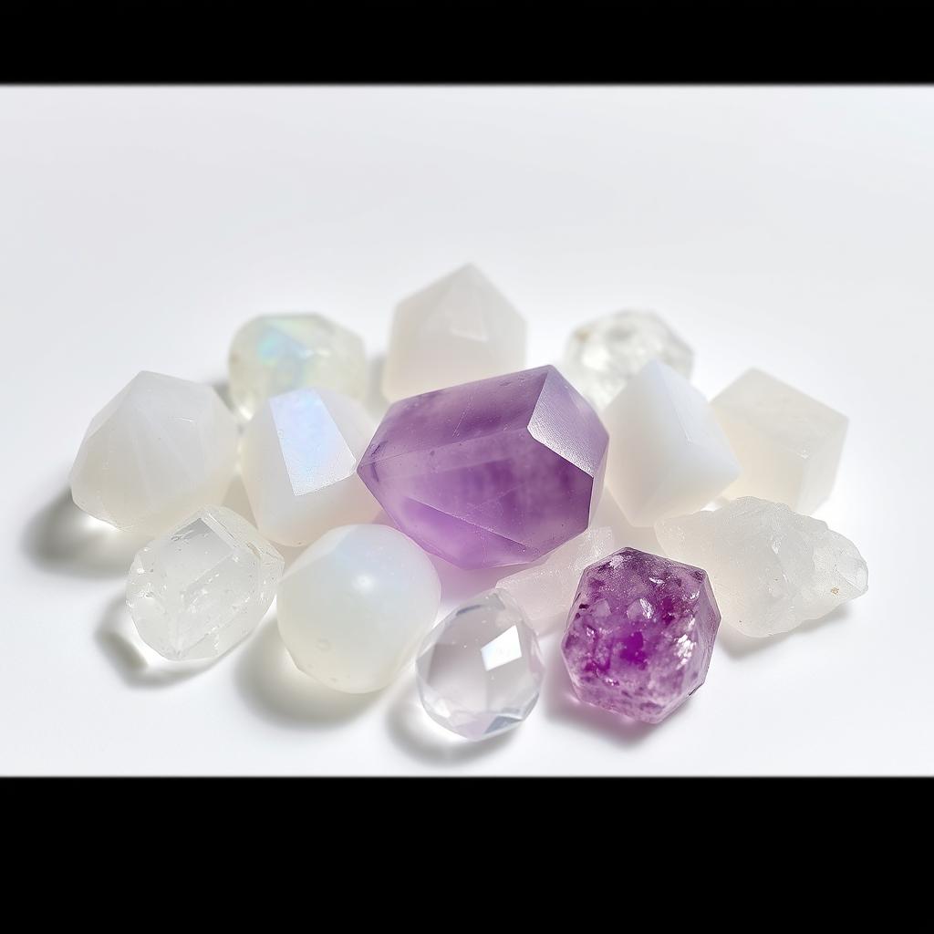 A mesmerizing arrangement of clear quartz, moonstone, selenite, and amethyst crystals placed on a pristine white background