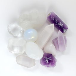 A mesmerizing arrangement of clear quartz, moonstone, selenite, and amethyst crystals placed on a pristine white background