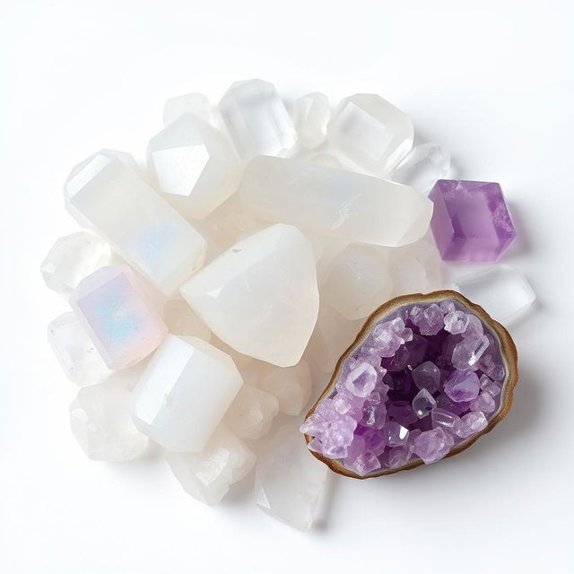 A mesmerizing arrangement of clear quartz, moonstone, selenite, and amethyst crystals placed on a pristine white background