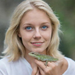 A 26-year-old woman with blonde hair and blue eyes, lovingly holding a pet lizard.