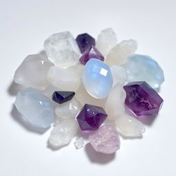 A stunning display of clear quartz, blue moonstone, selenite, and amethyst crystals arranged on a pristine white background