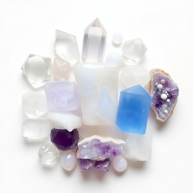 A stunning display of clear quartz, blue moonstone, selenite, and amethyst crystals arranged on a pristine white background