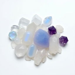 A stunning display of clear quartz, blue moonstone, selenite, and amethyst crystals arranged on a pristine white background