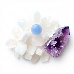 A stunning display of clear quartz, blue moonstone, selenite, and amethyst crystals arranged on a pristine white background