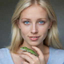 A 26-year-old woman with blonde hair and blue eyes, lovingly holding a pet lizard.