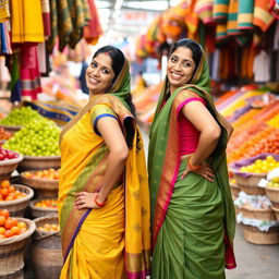 Two Indian women posing playfully, each with a hand on their hip or back, dressed in colorful cultural attire, amidst a vibrant market setting