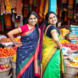 Two Indian women posing playfully, each with a hand on their hip or back, dressed in colorful cultural attire, amidst a vibrant market setting