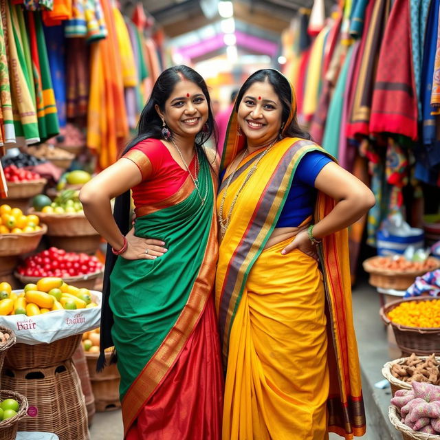 Two Indian women posing playfully, each with a hand on their hip or back, dressed in colorful cultural attire, amidst a vibrant market setting