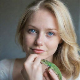 A 26-year-old woman with blonde hair and blue eyes, lovingly holding a pet lizard.