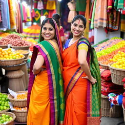 Two Indian women posing playfully, each with a hand on their hip or back, dressed in colorful cultural attire, amidst a vibrant market setting