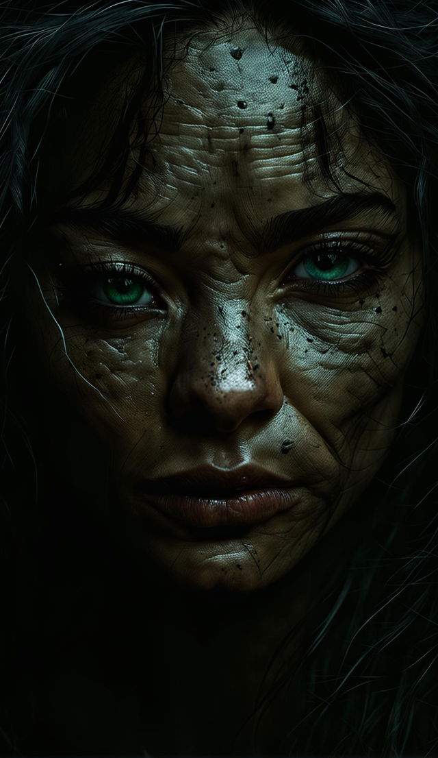 A hyper-realistic HD photograph of a woman with an intense, angry stare. Her green eyes are the focal point, surrounded by detailed skin textures including visible pores.