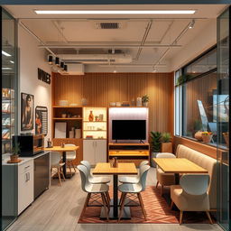 Interior design of a 39 square meter market space, featuring an entertainment area equipped with tables and chairs