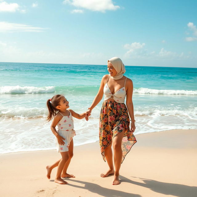 A mother and daughter standing on a beautiful tropical beach