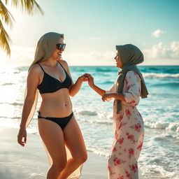 A mother and daughter standing on a beautiful tropical beach