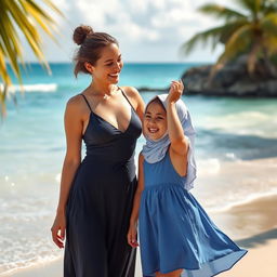 A mother and daughter standing on a beautiful tropical beach