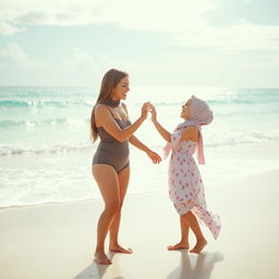 A mother and daughter standing on a beautiful tropical beach