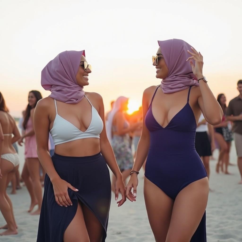 Two women wearing fashionable, modest swimsuits at a lively beach party setting