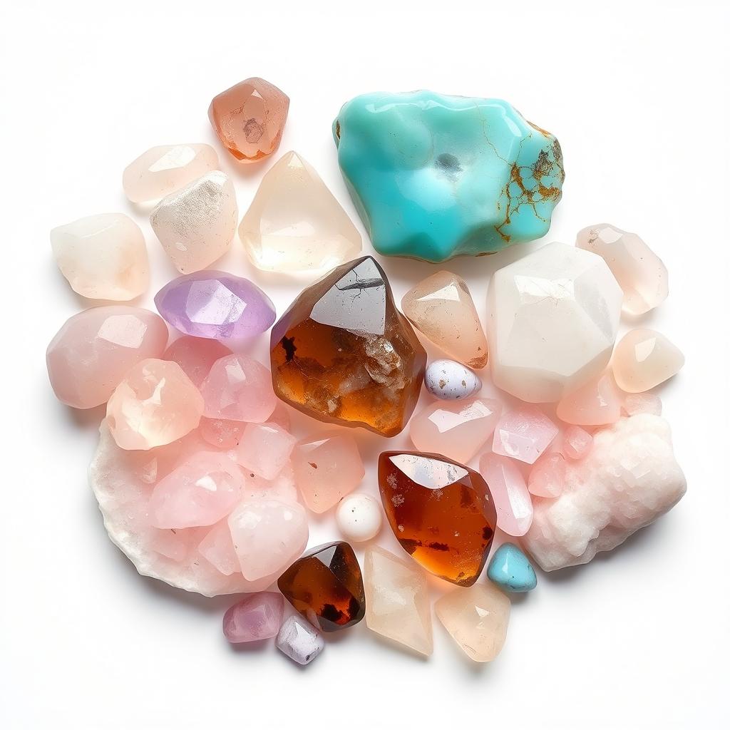 An exquisite collection of rose quartz, smoky quartz, lepidolite, and turquoise crystals arranged meticulously on a pristine white background