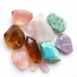 An exquisite collection of rose quartz, smoky quartz, lepidolite, and turquoise crystals arranged meticulously on a pristine white background